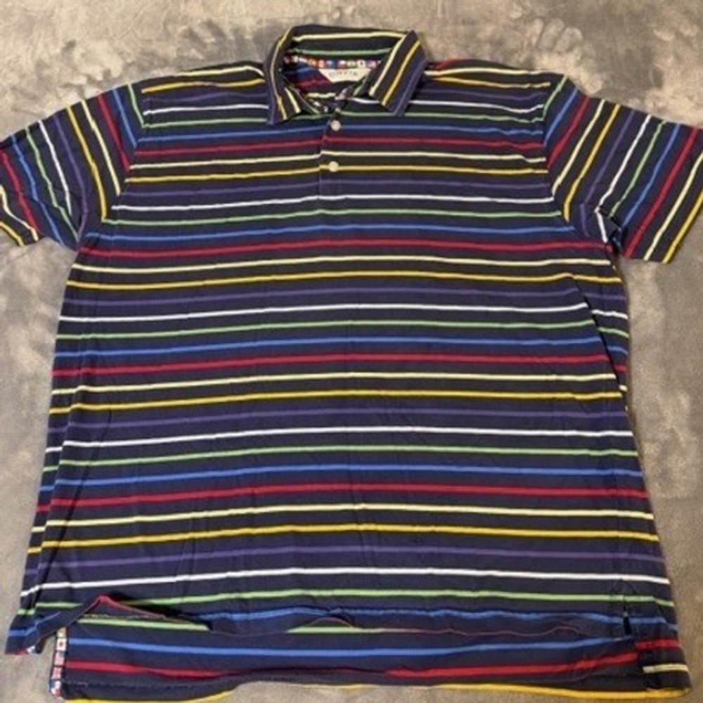 Orvis Mens XL Multi Color Striped Polo Shirt Navy Blue Cotton Nautical Flags